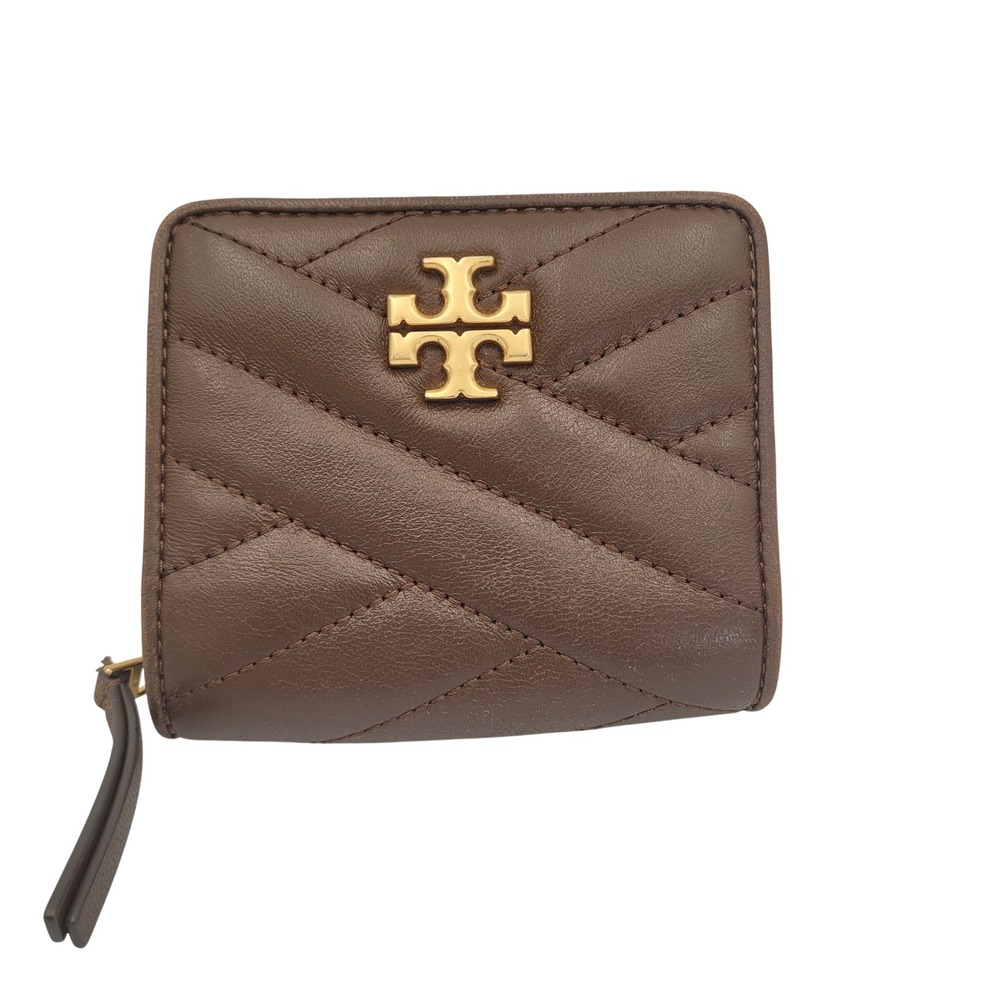 Tory Burch Kira Chevron Bi-Fold Wallet Brown Quilted Leather Gold Hardware